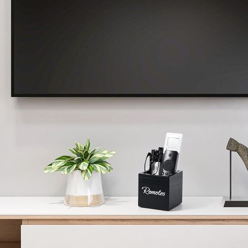 Yeeco Wooden TV Remote Holder, Remote Control Holder for Table, Wood Media Remote Controller Caddy Organizer Storage Case for Living Room Nightstand Desktop 2 Compartments Black 6.5"x3.7"x5.5" in Kuwait