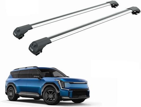 قضبان متقاطعة لحامل السقف لسيارة Kia EV9 (2024–Up) - تناسب قضبان السقف المرتفعة (GT-Line) أو القضبان المتدفقة/المدمجة (الرياح والأرض) غطاء ألومنيوم قابل للقفل بدون مثقاب بوزن 330 رطلًا (فضي، GT-Line/قضبان سقف مرتفعة) in Kuwait