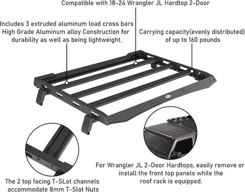 Hooke Road JL 2 Doors Roof Rack Aluminum Cross Bar Cargo Basket Carrier for 2018-2025 Jeep Wrangler JL 2-Door Hard Top - Easily Remove Front Top Panels in Saudi Arabia