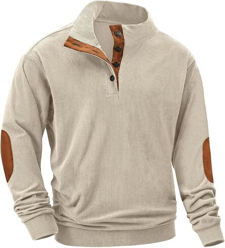 Men's Fashion Corduroy Sweatshirt Long Sleeve Button-Down Shirt Stand Collar Pullover Sweater in Kuwait