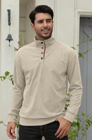 Men's Fashion Corduroy Sweatshirt Long Sleeve Button-Down Shirt Stand Collar Pullover Sweater in Kuwait