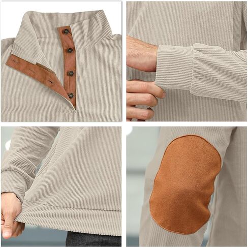 Men's Fashion Corduroy Sweatshirt Long Sleeve Button-Down Shirt Stand Collar Pullover Sweater in Kuwait