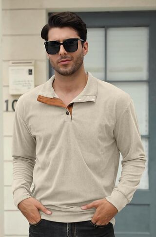 Men's Fashion Corduroy Sweatshirt Long Sleeve Button-Down Shirt Stand Collar Pullover Sweater in Kuwait