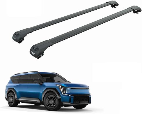 قضبان متقاطعة لحامل السقف لسيارة Kia EV9 (2024–Up) - تناسب قضبان السقف المرتفعة (GT-Line) أو القضبان المتدفقة/المدمجة (الرياح والأرض) غطاء ألومنيوم قابل للقفل بدون مثقاب بوزن 330 رطلًا (فضي، GT-Line/قضبان سقف مرتفعة) in Kuwait