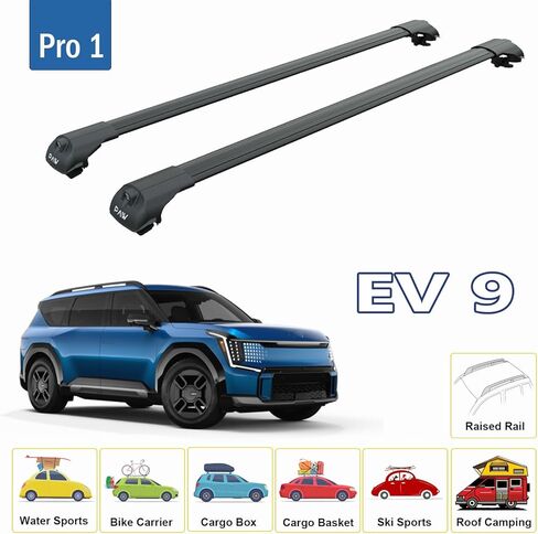 قضبان متقاطعة لحامل السقف لسيارة Kia EV9 (2024–Up) - تناسب قضبان السقف المرتفعة (GT-Line) أو القضبان المتدفقة/المدمجة (الرياح والأرض) غطاء ألومنيوم قابل للقفل بدون مثقاب بوزن 330 رطلًا (فضي، GT-Line/قضبان سقف مرتفعة) in Kuwait