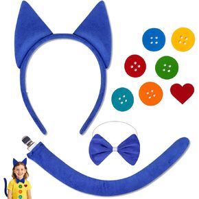 Blue Cat Costume Set for Kids & Adults – Halloween Dress Up Outfit with Cat Ear Headband, Bow Tie, Tail & Colorful Button Stickers – Storybook Character Cosplay Party Supplies in Kuwait