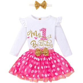 Baby Girl 1yr/2yr Birthday Dress Cotton Bodysuit TuTu Skirt Cute Set with Sequins Bow Headdress 3 Pieces in Kuwait
