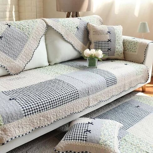 vctops Patchwork Sofa Couch Covers Farmhouse Floral Pattern Cotton Quilted Sectional Couch Cover, Non Slip Sofa Slipcover Washable Furniture Protector, 1 Piece/Not All Set - 35"x94" in Saudi Arabia