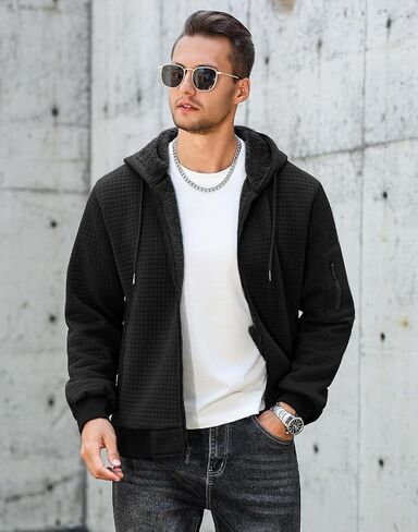 سويت شيرت رجالي بغطاء للرأس مبطن بصوف الشيربا، سترات شتوية دافئة من الصوف الثقيل بسحاب كامل in Kuwait