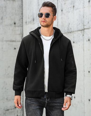 سويت شيرت رجالي بغطاء للرأس مبطن بصوف الشيربا، سترات شتوية دافئة من الصوف الثقيل بسحاب كامل in Kuwait