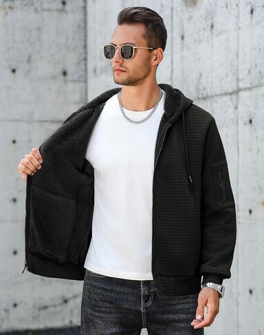 سويت شيرت رجالي بغطاء للرأس مبطن بصوف الشيربا، سترات شتوية دافئة من الصوف الثقيل بسحاب كامل in Kuwait