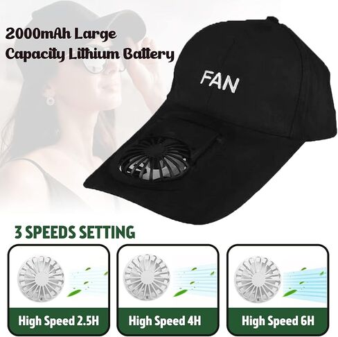 قبعة Fan Hat-قبعة نسائية جديدة مع قبعة بيسبول مدمجة تعمل بالطاقة الشمسية للجنسين و3 سرعات (US، Alpha، 3X-Small، 4X-Large، أسود) in Saudi Arabia