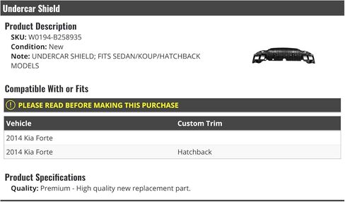Lower Undercar Engine Shield Cover - Compatible with 2014 Kia Forte (Sedan/Coupe/Hatchback) in Saudi Arabia