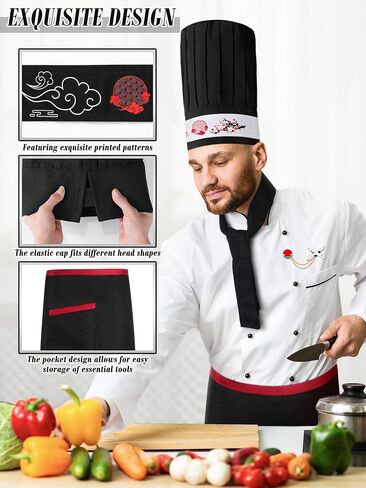 Bonuci 12pcs Hibachi Chef Costume Set Chef Hat Apron Japanese Headband Tie Flying Crane Brooch Cook Outfit for Hibachi Party BBQ Birthday Halloween Party Decorations in Saudi Arabia