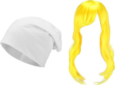 2 Pcs Halloween Blue Women Cosplay Costume White Knitted Hat and Yellow Wig Funny 80s 90s TV Show Character Cosplay in Saudi Arabia