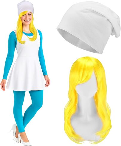 2 Pcs Halloween Blue Women Cosplay Costume White Knitted Hat and Yellow Wig Funny 80s 90s TV Show Character Cosplay in Saudi Arabia