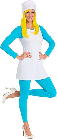 2 Pcs Halloween Blue Women Cosplay Costume White Knitted Hat and Yellow Wig Funny 80s 90s TV Show Character Cosplay in Saudi Arabia