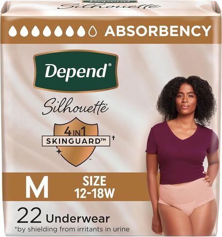 Depend Silhouette Adult Diapers, Incontinence & Postpartum Bladder Leak Underwear for Women, Maximum Absorbency, Medium, Pink, 22 Count, Packaging May Vary in Saudi Arabia