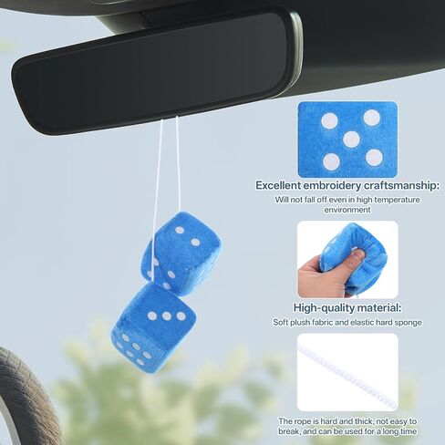 Fuzzy Dice for Rear View Mirror Blue 2.75" Plush Dice Retro Hanging Ornaments Square Interior Rearview Mirror Dices Decoration Cute Fuzzy Dices for Car Rearview Mirrors Decor Accessories in Saudi Arabia