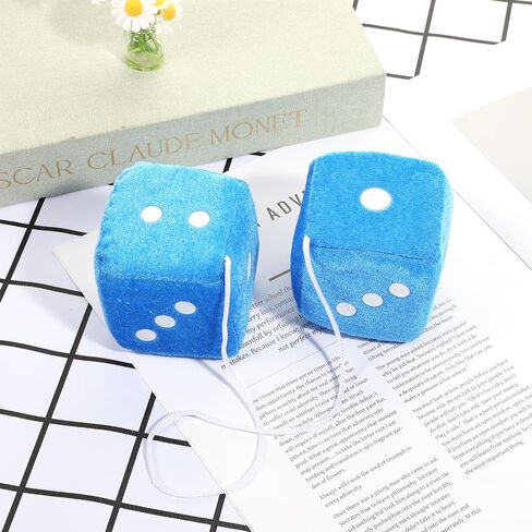 Fuzzy Dice for Rear View Mirror Blue 2.75" Plush Dice Retro Hanging Ornaments Square Interior Rearview Mirror Dices Decoration Cute Fuzzy Dices for Car Rearview Mirrors Decor Accessories in Saudi Arabia