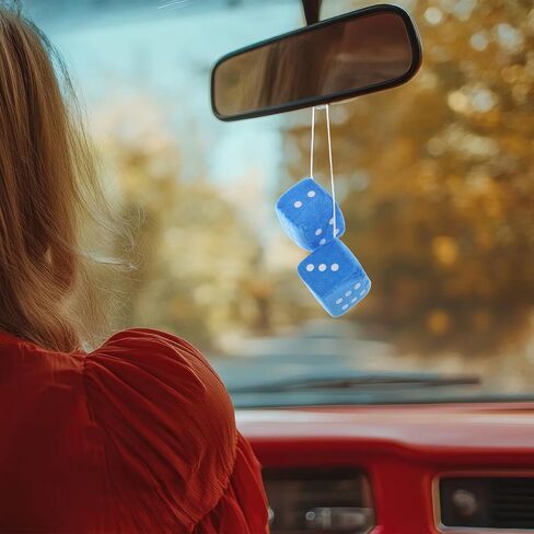 Fuzzy Dice for Rear View Mirror Blue 2.75" Plush Dice Retro Hanging Ornaments Square Interior Rearview Mirror Dices Decoration Cute Fuzzy Dices for Car Rearview Mirrors Decor Accessories in Saudi Arabia