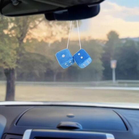 Fuzzy Dice for Rear View Mirror Blue 2.75" Plush Dice Retro Hanging Ornaments Square Interior Rearview Mirror Dices Decoration Cute Fuzzy Dices for Car Rearview Mirrors Decor Accessories in Saudi Arabia