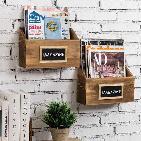 MyGift Premium Solid Acacia Wood Hanging Magazine Holder Rack, Wall Mounted Paper File Organizer Mail Sorter Bin with Chalkboard Label, Set of 2 in Saudi Arabia