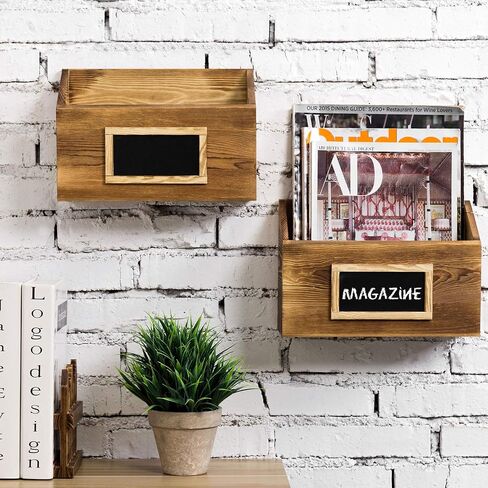 MyGift Premium Solid Acacia Wood Hanging Magazine Holder Rack, Wall Mounted Paper File Organizer Mail Sorter Bin with Chalkboard Label, Set of 2 in Saudi Arabia