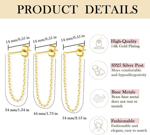 14k Gold Plated Chain Earrings for Women Trendy Dainty Hypoallergenic Cubic Zirconia Stud Earrings for Sensitive Ears Nickel Free Gold Drop Dangle Earrings for Women Jewelry in Saudi Arabia