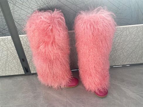 FurinFashion Over Knee High Mongolian Fur Boots Laides Boot with True Tibetan Fluffy Hairy Big Long Curly Hair For Girls Woman's Women Adults Size Skinning Winter Snowing Warm Shoes Flat Boots Blue Grey Pink Color (7, Khaki) in Saudi Arabia