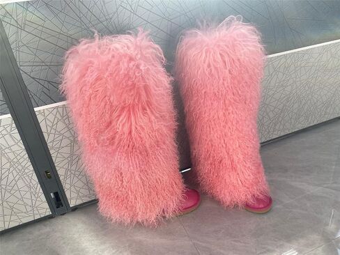 FurinFashion Over Knee High Mongolian Fur Boots Laides Boot with True Tibetan Fluffy Hairy Big Long Curly Hair For Girls Woman's Women Adults Size Skinning Winter Snowing Warm Shoes Flat Boots Blue Grey Pink Color (7, Khaki) in Saudi Arabia