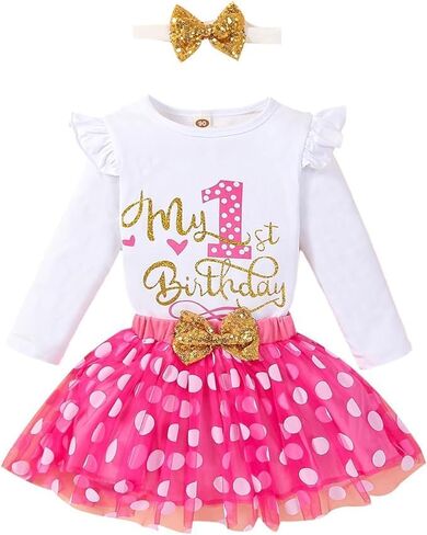 Baby Girl 1yr/2yr Birthday Dress Cotton Bodysuit TuTu Skirt Cute Set with Sequins Bow Headdress 3 Pieces in Kuwait