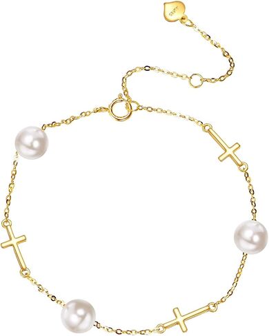 KECHO 14K Gold Freshwater Pearl Cross Bracelet 14K Solid Gold Pearl Jewelry Anniversary Birthday Gifts for omen in Saudi Arabia