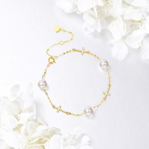 KECHO 14K Gold Freshwater Pearl Cross Bracelet 14K Solid Gold Pearl Jewelry Anniversary Birthday Gifts for omen in Saudi Arabia