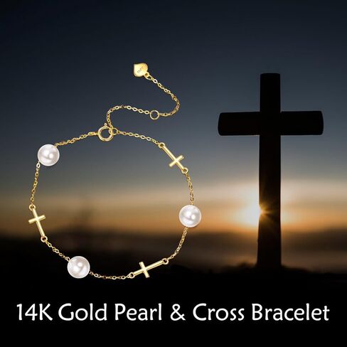 KECHO 14K Gold Freshwater Pearl Cross Bracelet 14K Solid Gold Pearl Jewelry Anniversary Birthday Gifts for omen in Saudi Arabia