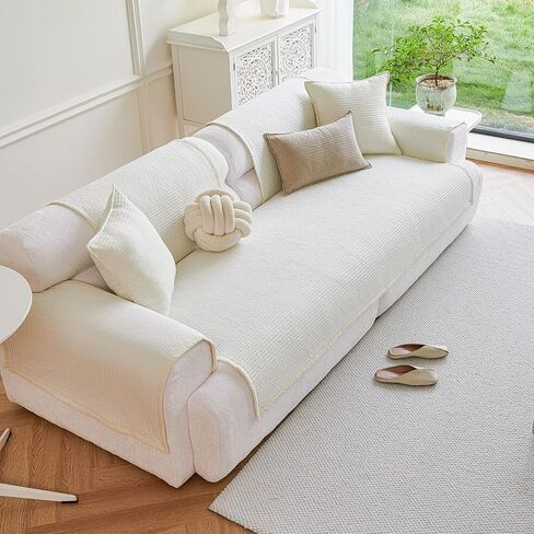 vctops Cotton Sofa Cover Farmhouse Striped Quilted Non Slip Sectional Couch Cover Recliner Loveseat 2 3 Seater Sofa Slipcover Furniture Protectors for Dog Cat Pet, 1 Piece (White,35"x94") in Saudi Arabia