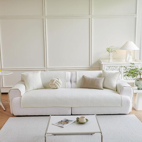 vctops Cotton Sofa Cover Farmhouse Striped Quilted Non Slip Sectional Couch Cover Recliner Loveseat 2 3 Seater Sofa Slipcover Furniture Protectors for Dog Cat Pet, 1 Piece (White,35"x94") in Saudi Arabia