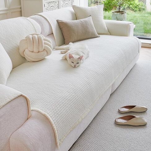 vctops Cotton Sofa Cover Farmhouse Striped Quilted Non Slip Sectional Couch Cover Recliner Loveseat 2 3 Seater Sofa Slipcover Furniture Protectors for Dog Cat Pet, 1 Piece (White,35"x94") in Saudi Arabia