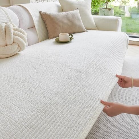 vctops Cotton Sofa Cover Farmhouse Striped Quilted Non Slip Sectional Couch Cover Recliner Loveseat 2 3 Seater Sofa Slipcover Furniture Protectors for Dog Cat Pet, 1 Piece (White,35"x94") in Saudi Arabia