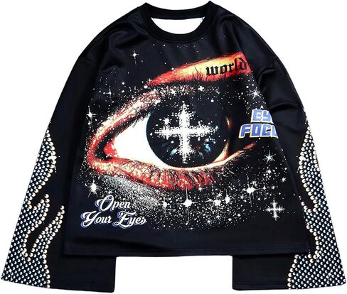 WDIRARA Men's Eyes Cross Graphic T Shirts Long Sleeve Crew Neck Tee Oversized Tops Streetwear in Saudi Arabia
