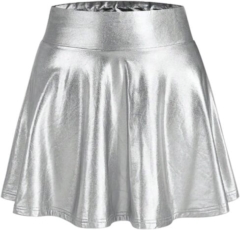 SHENHE Women's Shiny Metallic Skirt Flared A Line High Waist Rave Club Mini Skater Skirt in Saudi Arabia