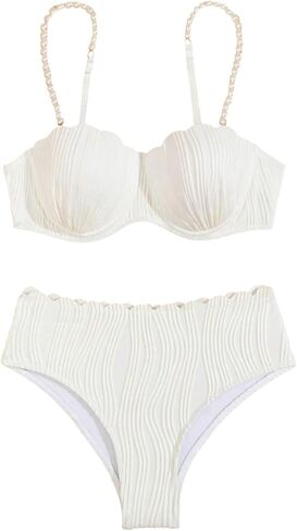 MakeMeChic Women's 2 Piece Bikini Set Textured Pearl Beaded Strap Scallop Trim High Waist Swimsuit in Saudi Arabia