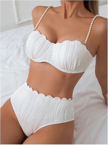 MakeMeChic Women's 2 Piece Bikini Set Textured Pearl Beaded Strap Scallop Trim High Waist Swimsuit in Saudi Arabia