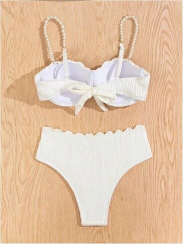 MakeMeChic Women's 2 Piece Bikini Set Textured Pearl Beaded Strap Scallop Trim High Waist Swimsuit in Saudi Arabia