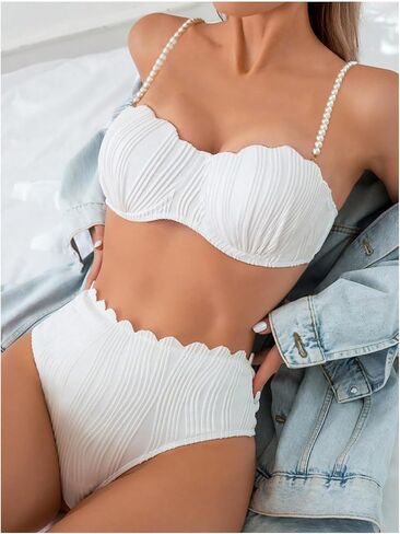 MakeMeChic Women's 2 Piece Bikini Set Textured Pearl Beaded Strap Scallop Trim High Waist Swimsuit in Saudi Arabia