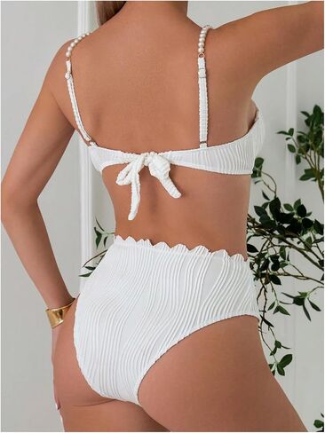 MakeMeChic Women's 2 Piece Bikini Set Textured Pearl Beaded Strap Scallop Trim High Waist Swimsuit in Saudi Arabia