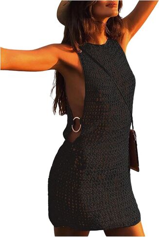 OYOANGLE Women's Swimwear Cover Up Hollow Out Crochet Knit Ring Linked Sleeveless Beach Dresses in Saudi Arabia