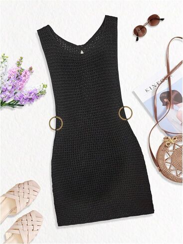 OYOANGLE Women's Swimwear Cover Up Hollow Out Crochet Knit Ring Linked Sleeveless Beach Dresses in Saudi Arabia