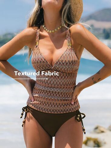 CUPSHE Women's Tankini Sets V Neck Two Piece Swimsuit Crisscross Adjustable Strappy Drawstring Swimwear Textured in Saudi Arabia