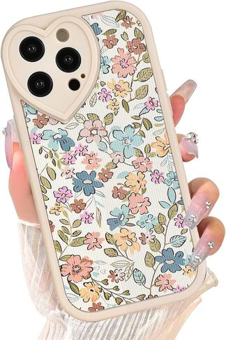 متوافق مع حافظة iPhone 14 Wild Floral [إطار عدسة على شكل قلب لطيف] [حماية فاخرة ضد الصدمات] حافظة iPhone 14 باللون الأبيض الكريمي للنساء والفتيات in Kuwait